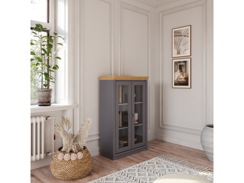 Estante de madeira com 1,19 m na cor cinza e cera natural com duas portas de vidro / Coleção biblioteca